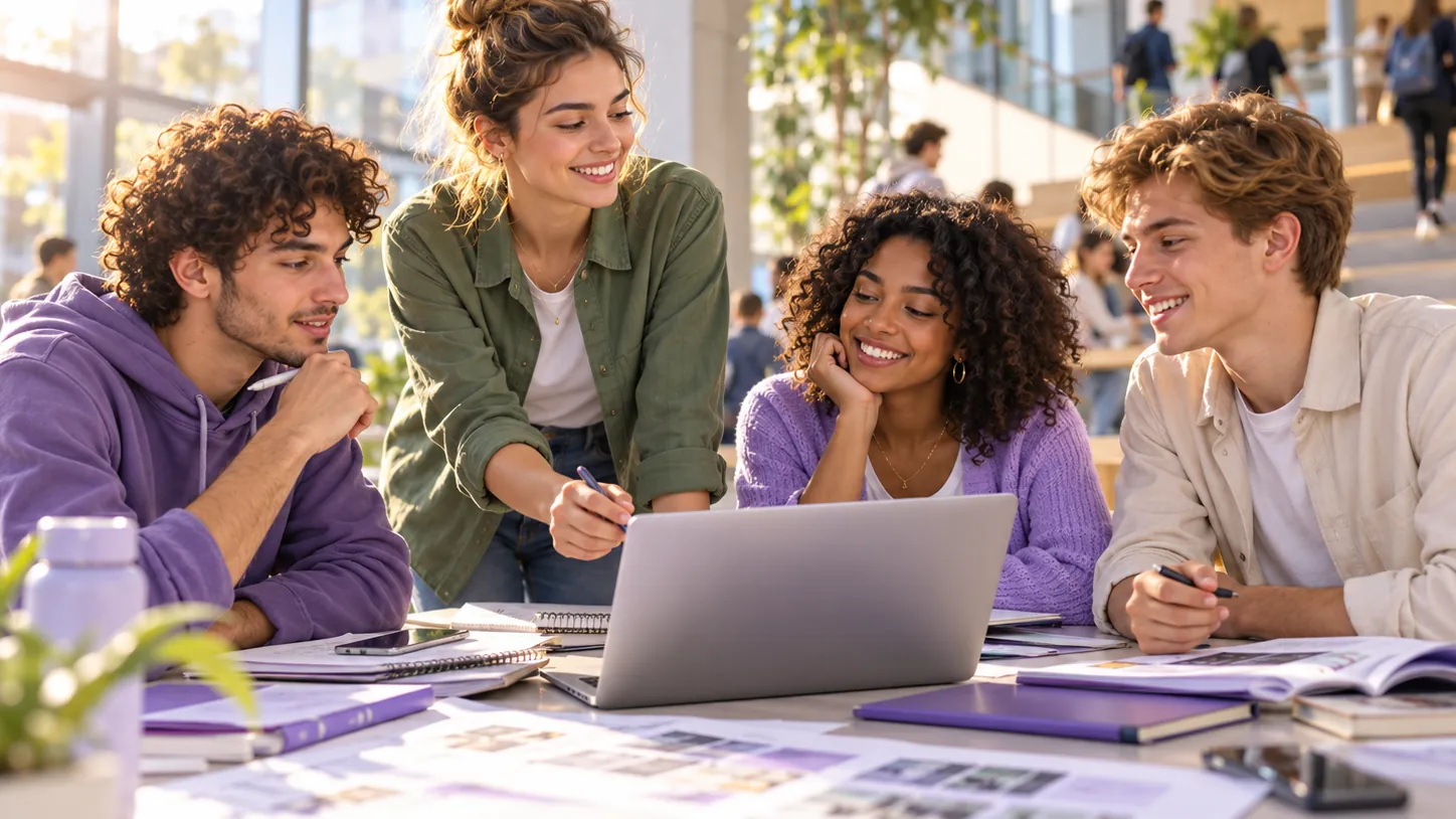 Quatre étudiant·es autour d'un ordinateur portable et de documents dans un espace de travail lumineux