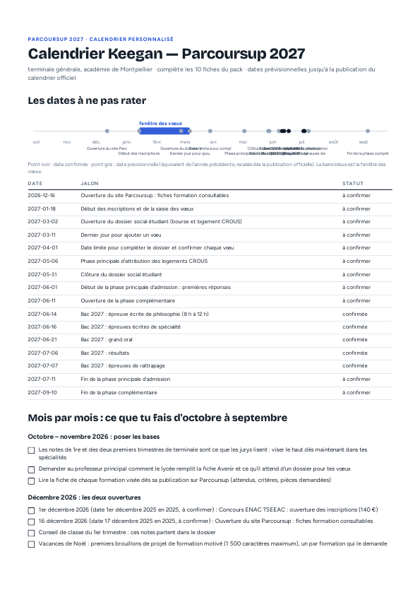 Première page du calendrier personnalisé produit par le moteur pour le profil de référence