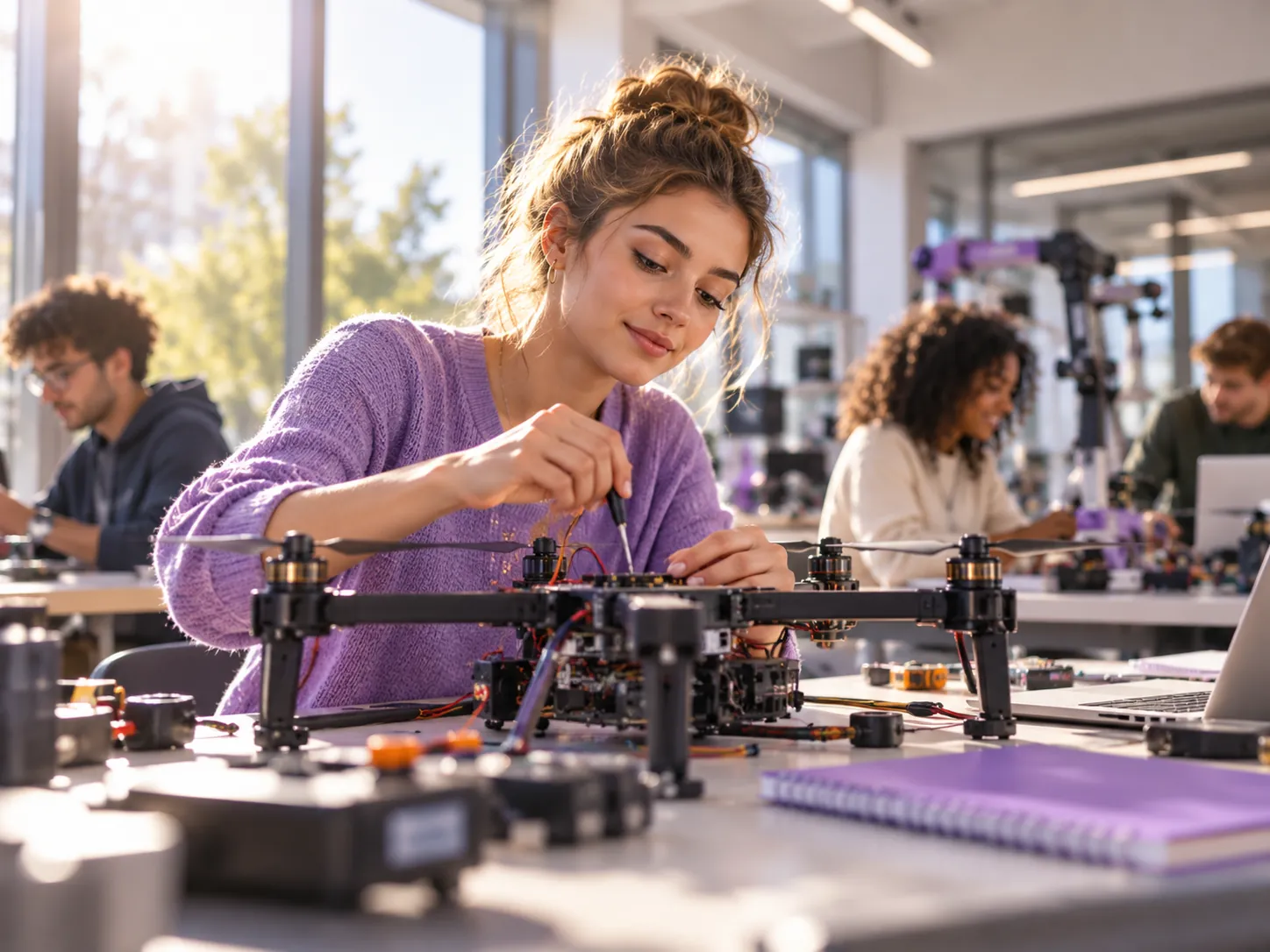 Étudiante assemblant un drone sur un établi d'atelier, camarades en arrière-plan